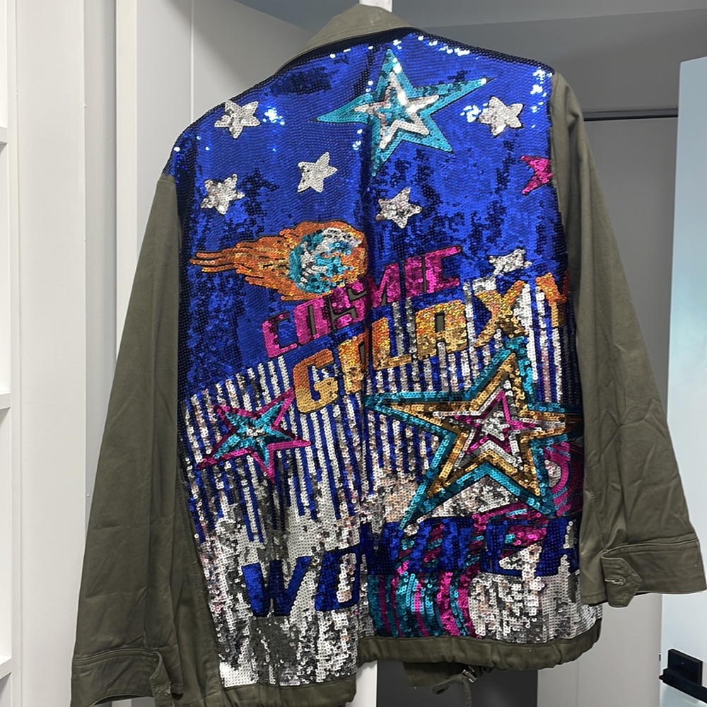 Bershka Olive Green Jacket with Blue Multicolor Sequin Back